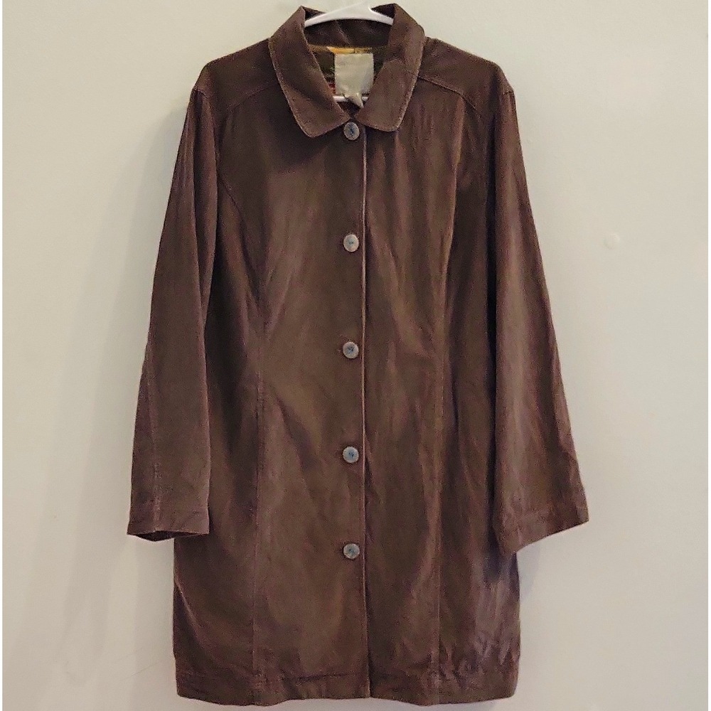 J Jill Brown Mid Length Coat Womens M Petite Button Front Lined Fall Corduroy